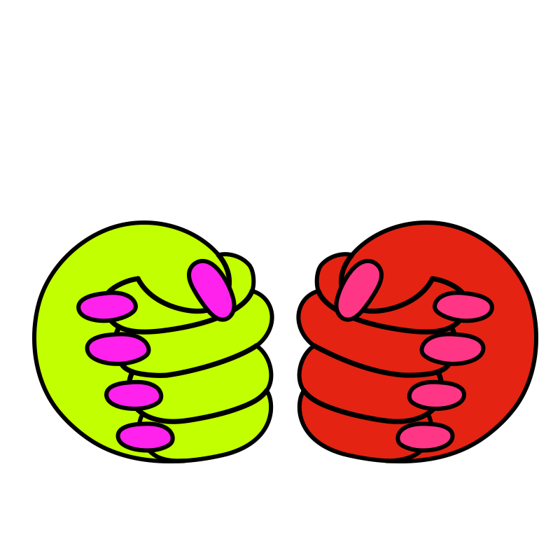 Colorful cartoon representation of two curled-up worms, one green with pink markings and one red with pink markings, facing each other.