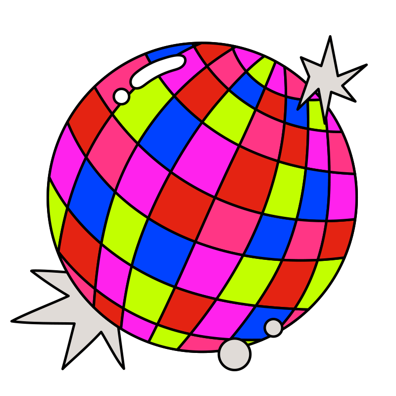 Colorful disco ball with pink, green, blue, and red rectangles and starburst accents.