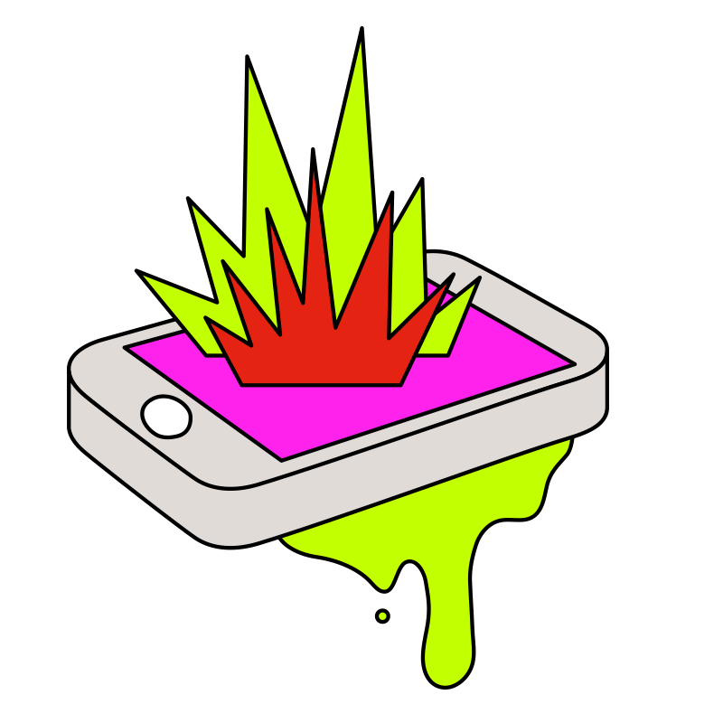 A cartoon phone with a pink screen is melting and exploding with red and yellow flames.