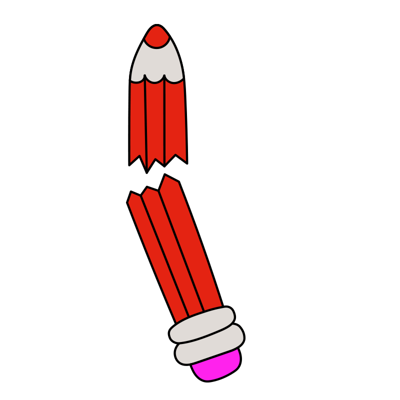 Drawing of a pencil with a section broken off, showing a rocket-shaped eraser at the bottom.