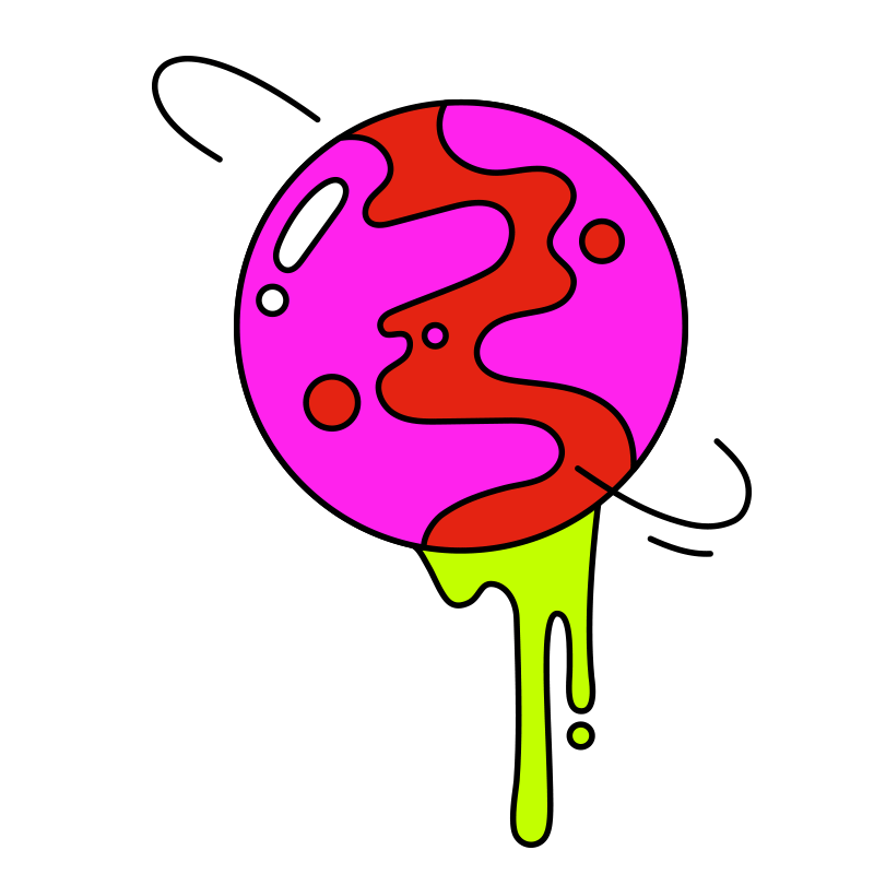 A colorful, cartoon-style illustration of a planet with rings, where the planet appears to be melting with bright pink and red colors, and green liquid dripping from the bottom.