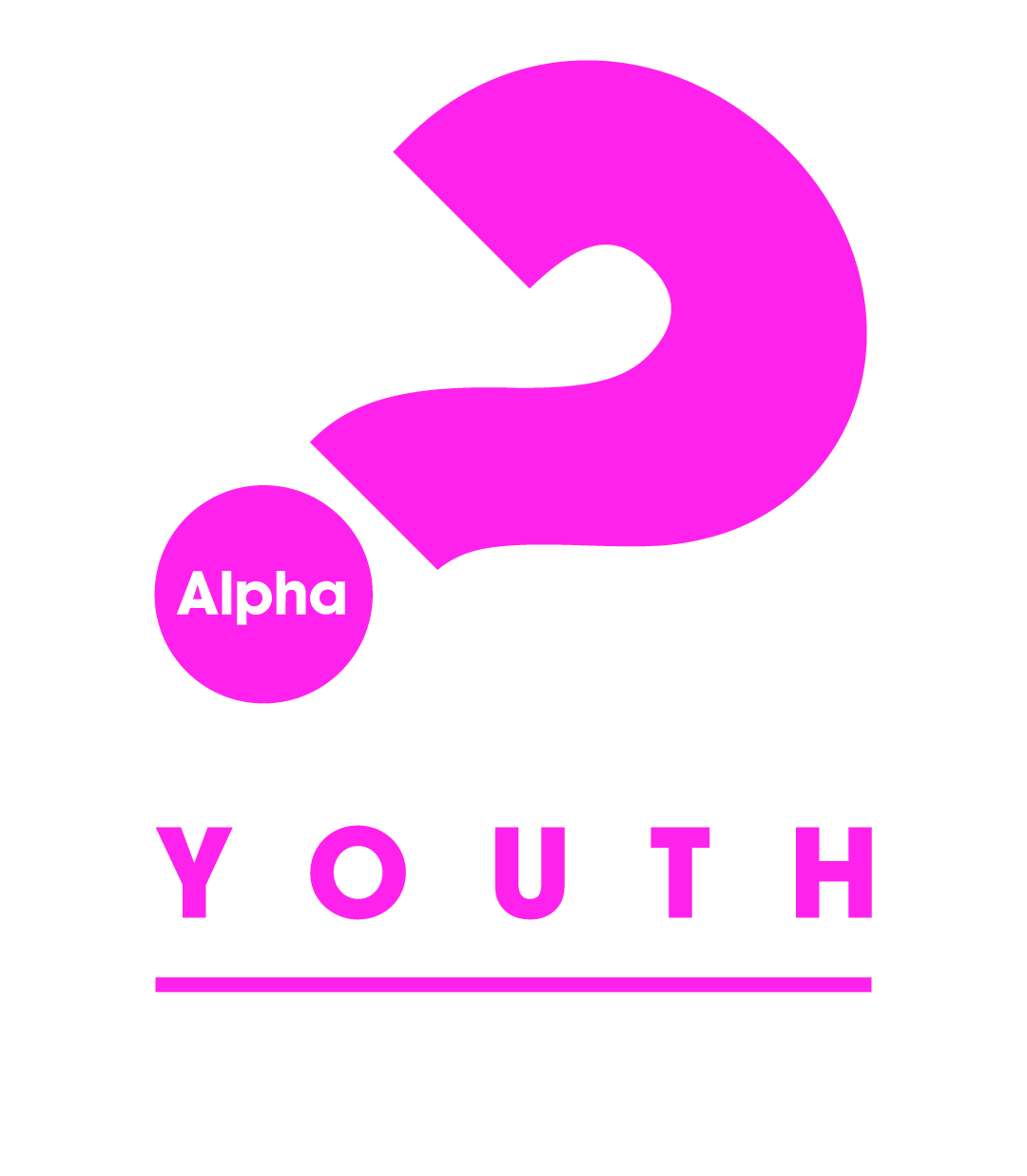 A pink question mark with the word 'Alpha' inside a pink circle and the word 'YOUTH' in pink capital letters below, with a pink line underneath.