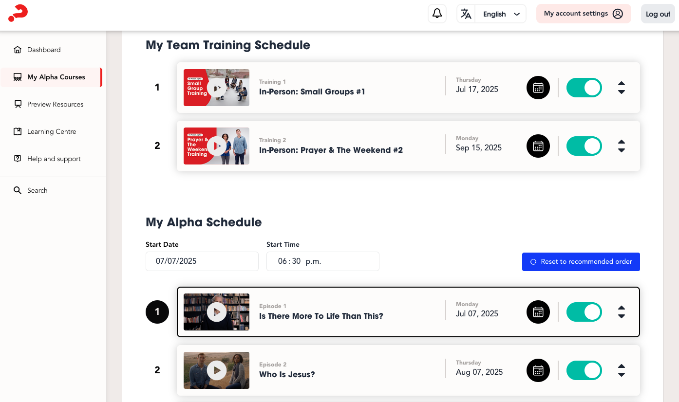 Screenshot of an online training platform showing a schedule for team and alpha courses with videos titled 'Is There More To Life Than This?' and 'Who Is Jesus?' scheduled for July and August 2025.