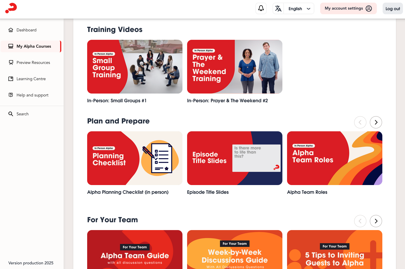 Screenshot of an online training platform homepage displaying various training video thumbnails and course categories related to team and leadership development.