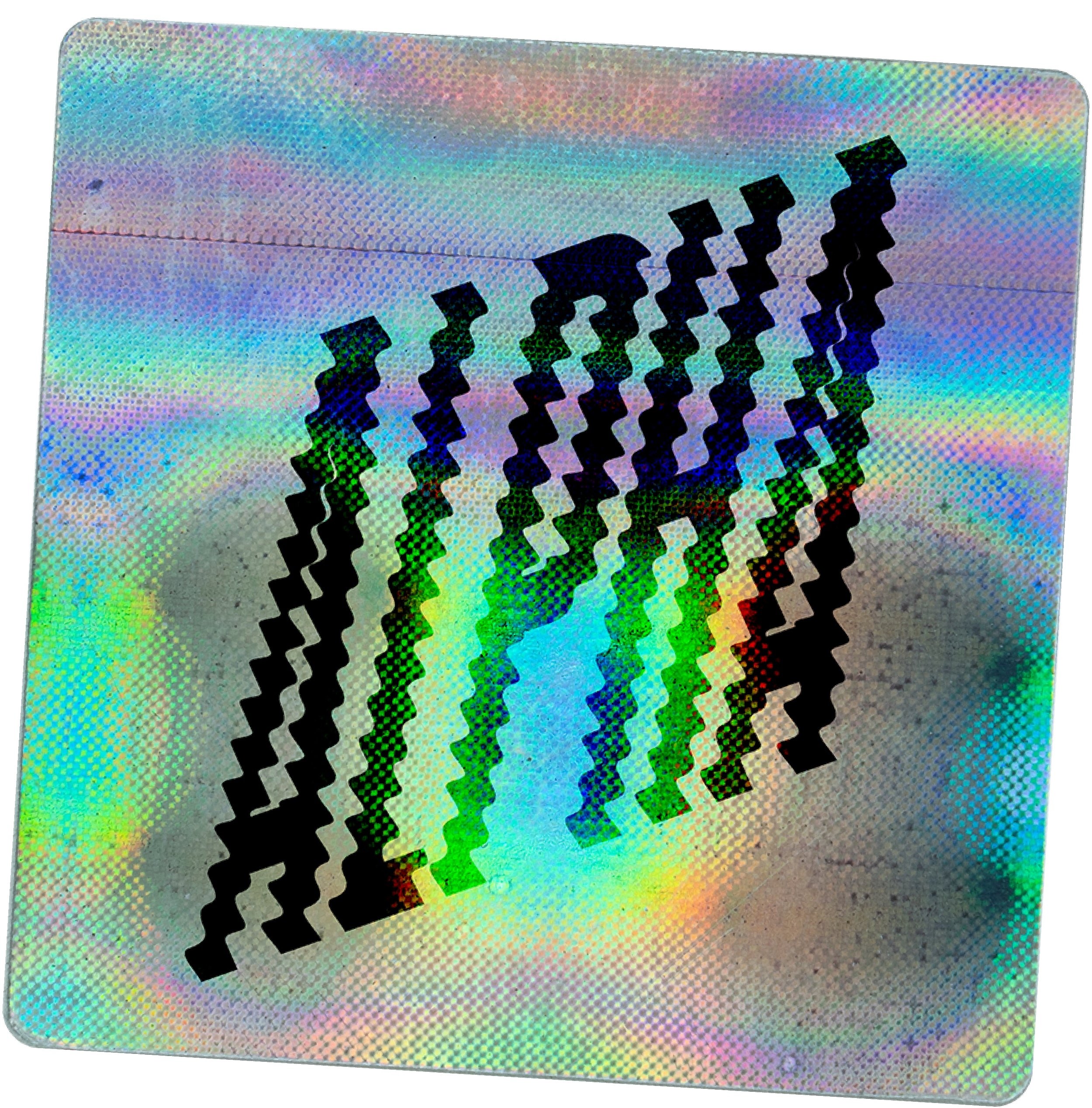 Holographic CD with rainbow colors and pixelation glitch effects.